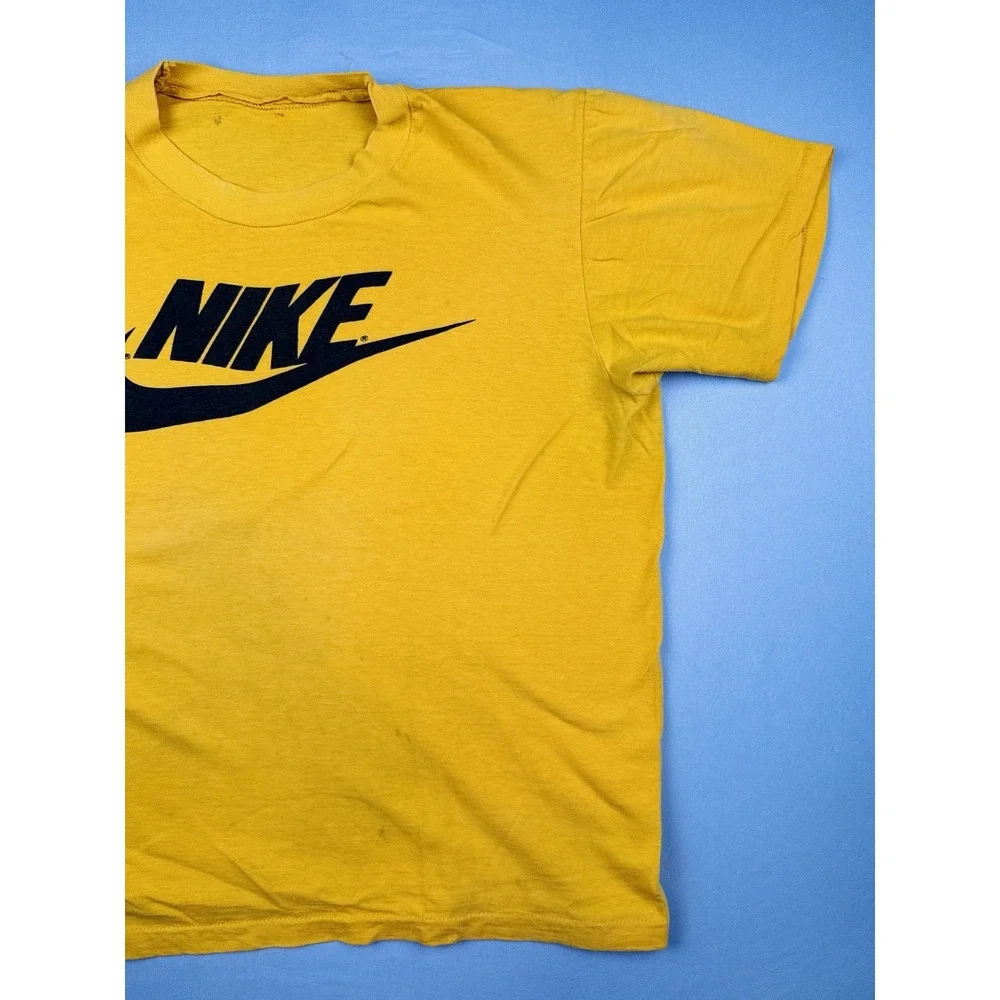 Vintage 80s Nike Logo T-Shirt Yellow Single Stitch Made in USA Size S